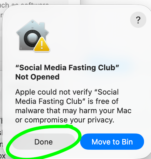 macOS security warning dialog: click Done