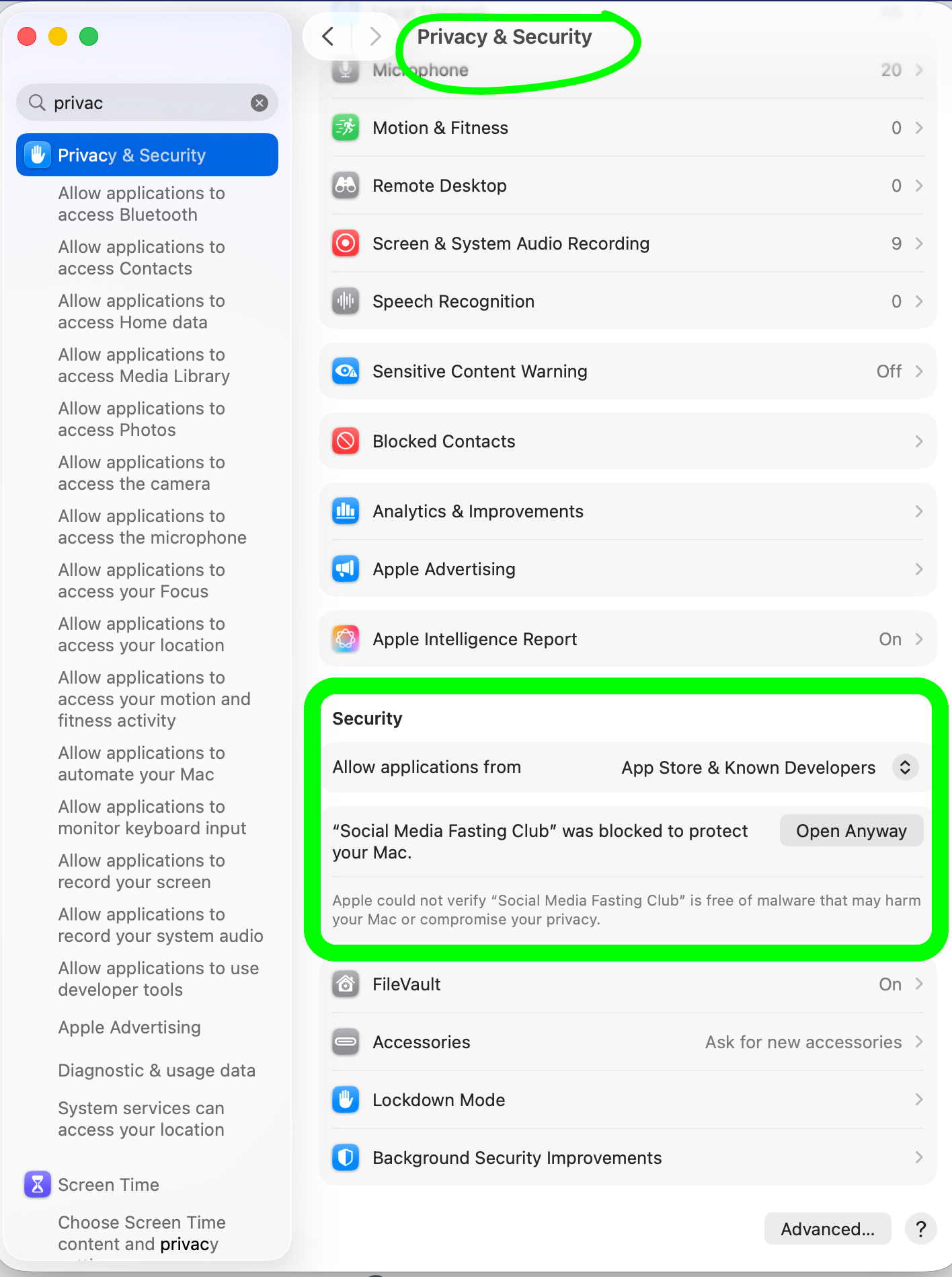 Privacy & Security settings with Open Anyway button highlighted